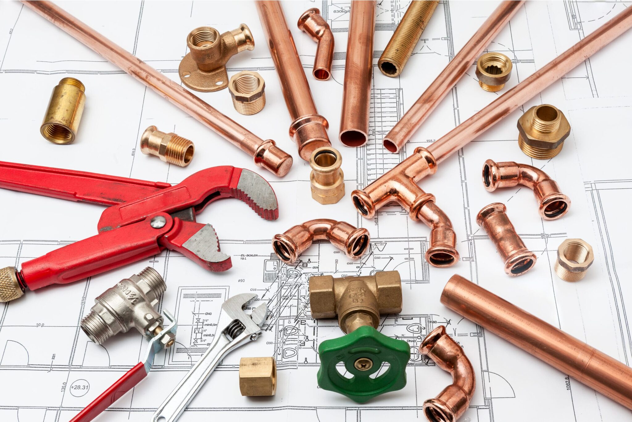 Copper pipes, fittings, valves, and plumbing tools in Newnan