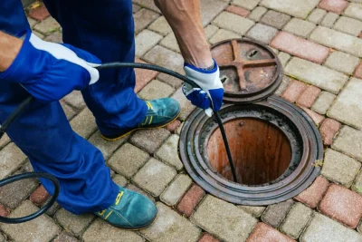 Plumber cleaning an outdoor sewer drain in Newnan