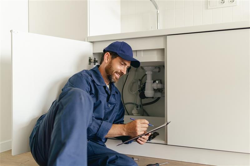 Residential plumber reviewing plumbing repairs in a Newnan kitchen