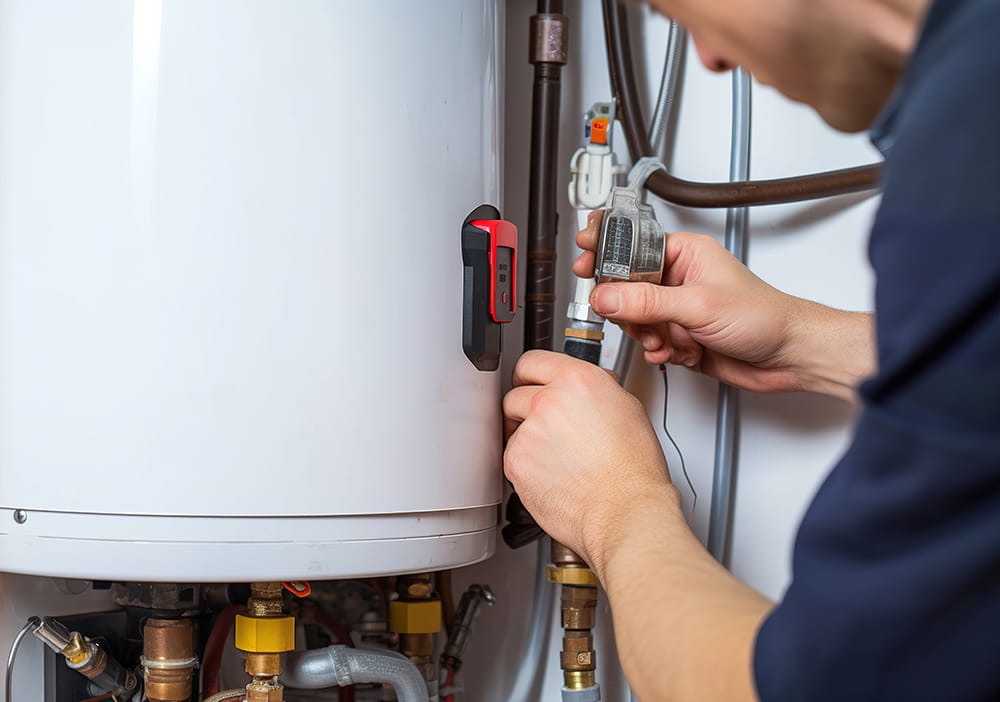 Technician repairing pipes connected to a water heater in Newnan